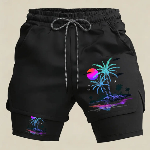 Men’s Tropical Palm Tree Gym Shorts – 2 in 1 Compression Running Shorts Summer Athletic Sportswear