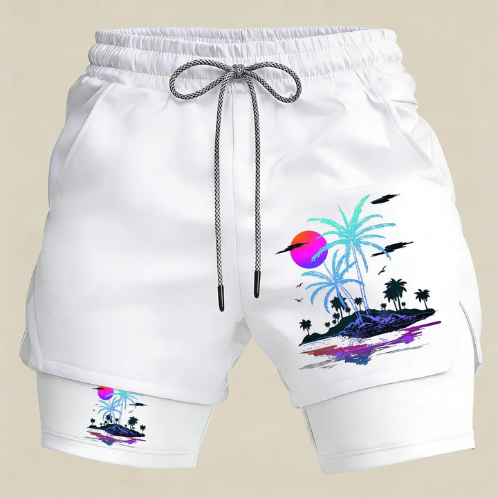 Men’s Tropical Palm Tree Gym Shorts – 2 in 1 Compression Running Shorts Summer Athletic Sportswear