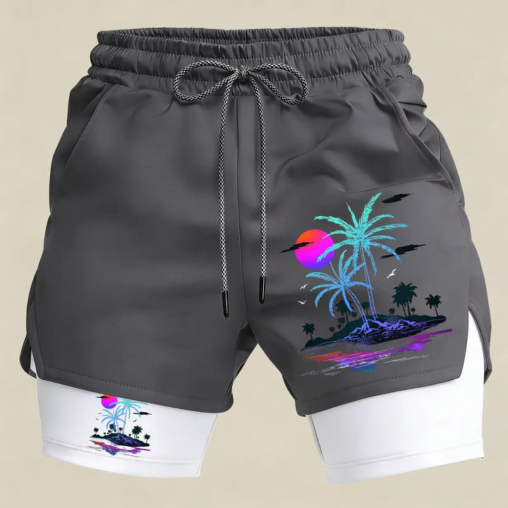 Men’s Tropical Palm Tree Gym Shorts – 2 in 1 Compression Running Shorts Summer Athletic Sportswear