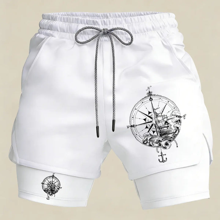 Men’s Nautical Compass Gym Shorts – 2 in 1 Compression Athletic Running Shorts Marine Style Sportswear