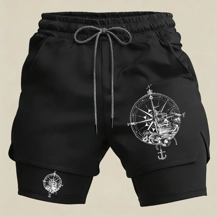 Men’s Nautical Compass Gym Shorts – 2 in 1 Compression Athletic Running Shorts Marine Style Sportswear