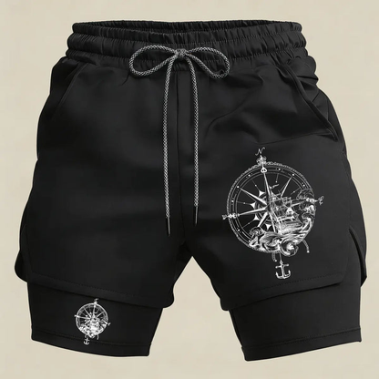 Men’s Nautical Compass Gym Shorts – 2 in 1 Compression Athletic Running Shorts Marine Style Sportswear