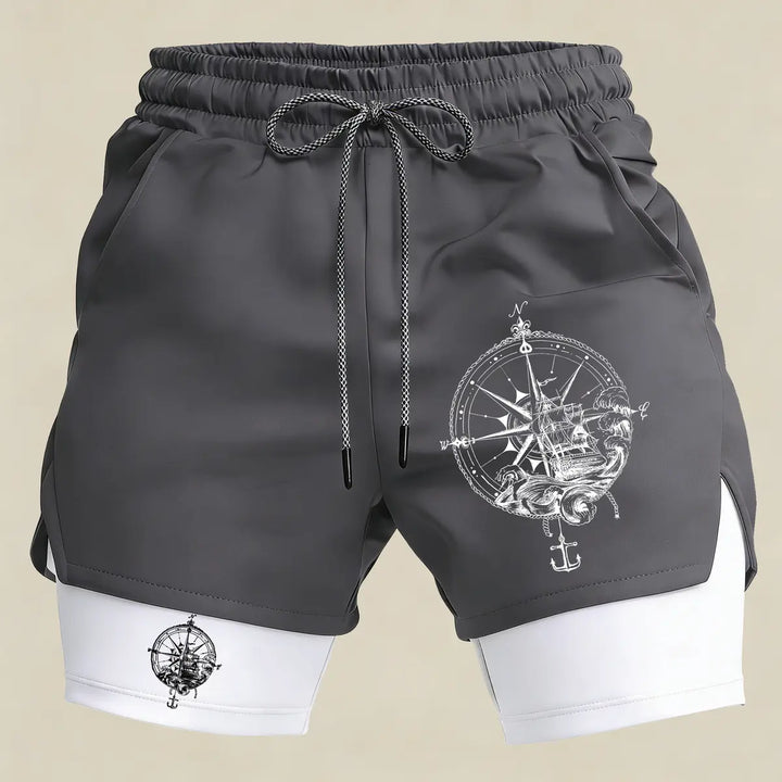 Men’s Nautical Compass Gym Shorts – 2 in 1 Compression Athletic Running Shorts Marine Style Sportswear