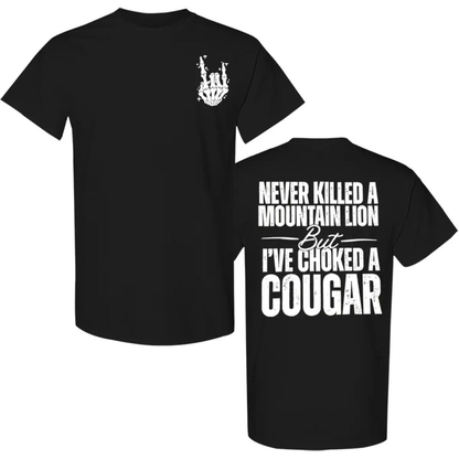 Men's printed T-shirt: "I've never killed a puma, but I have strangled one"