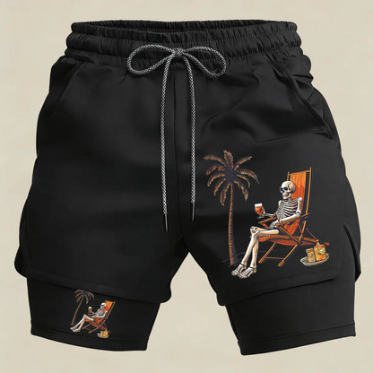 Men’s Skeleton Beach Gym Shorts – 2 in 1 Compression Running Shorts Funny Summer Athletic Sportswear