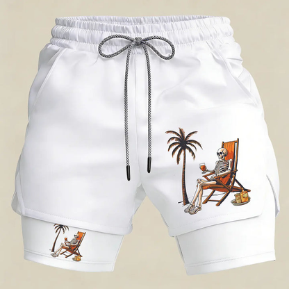 Men’s Skeleton Beach Gym Shorts – 2 in 1 Compression Running Shorts Funny Summer Athletic Sportswear