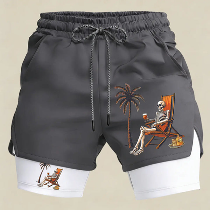 Men’s Skeleton Beach Gym Shorts – 2 in 1 Compression Running Shorts Funny Summer Athletic Sportswear