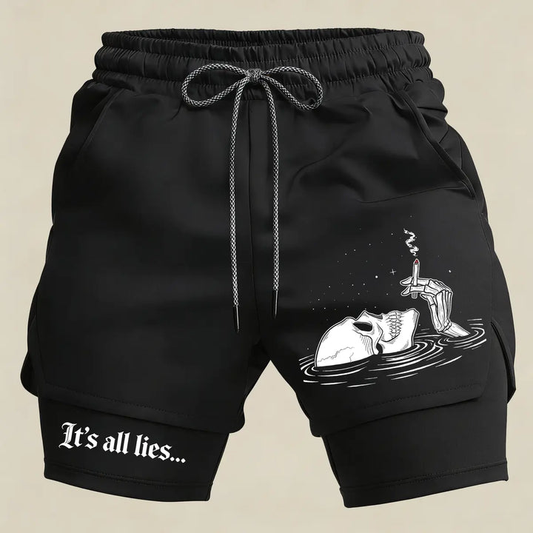 Men’s Skull Graphic Gym Shorts – 2 in 1 Compression Running Shorts Gothic Athletic Sportswear