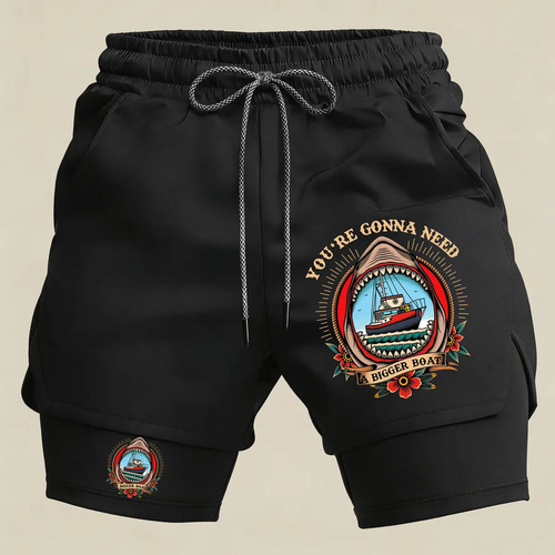 Men’s Funny Shark Boat Gym Shorts – 2 in 1 Compression Running Shorts Athletic Summer Sportswear