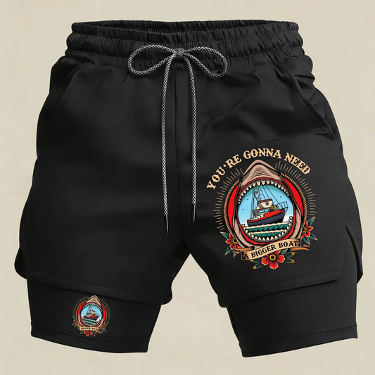 Men’s Funny Shark Boat Gym Shorts – 2 in 1 Compression Running Shorts Athletic Summer Sportswear