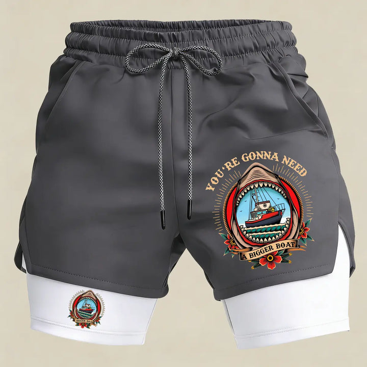Men’s Funny Shark Boat Gym Shorts – 2 in 1 Compression Running Shorts Athletic Summer Sportswear