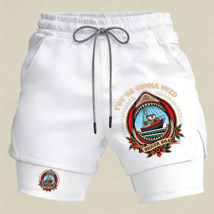 Men’s Funny Shark Boat Gym Shorts – 2 in 1 Compression Running Shorts Athletic Summer Sportswear