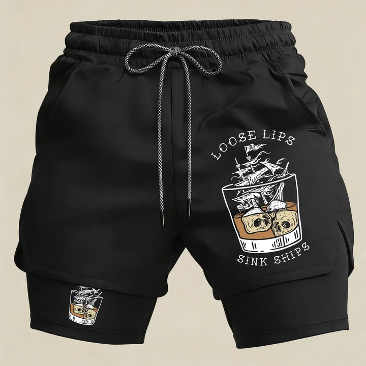 Men’s Loose Lips Sink Ships Gym Shorts – 2 in 1 Compression Running Shorts Funny Graphic Athletic Wear