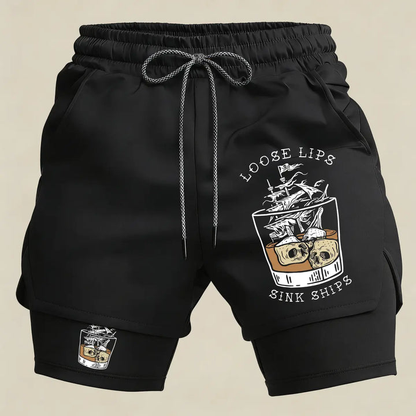Men’s Loose Lips Sink Ships Gym Shorts – 2 in 1 Compression Running Shorts Funny Graphic Athletic Wear