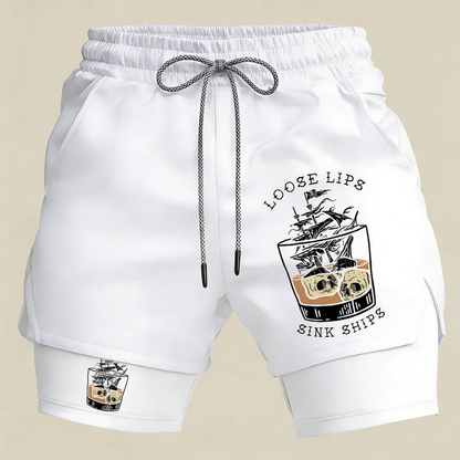 Men’s Loose Lips Sink Ships Gym Shorts – 2 in 1 Compression Running Shorts Funny Graphic Athletic Wear
