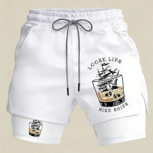 Men’s Loose Lips Sink Ships Gym Shorts – 2 in 1 Compression Running Shorts Funny Graphic Athletic Wear