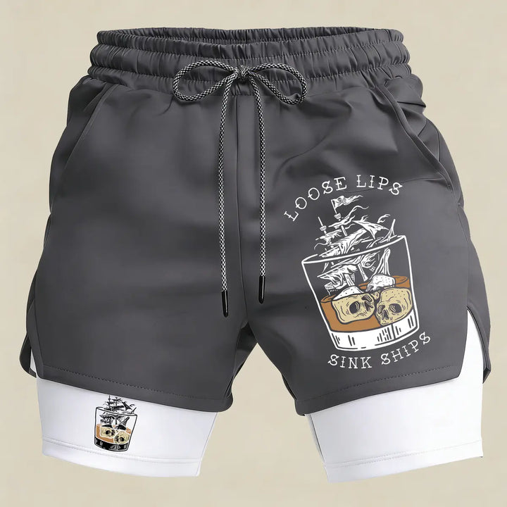 Men’s Loose Lips Sink Ships Gym Shorts – 2 in 1 Compression Running Shorts Funny Graphic Athletic Wear