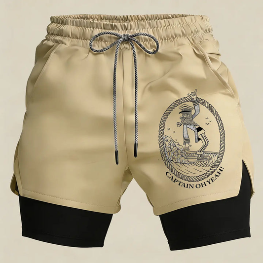 Men’s Captain Surf Gym Shorts – 2 in 1 Compression Running Shorts Funny Beach Athletic Sportswear
