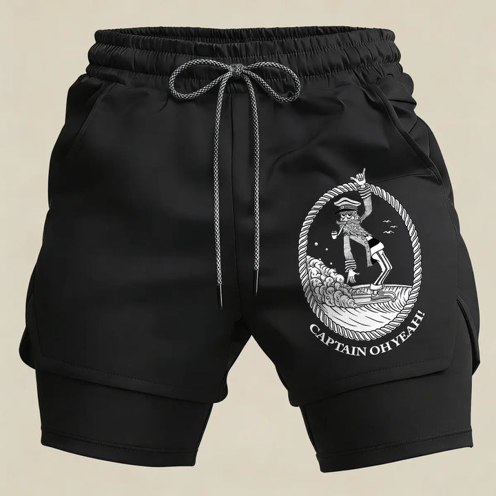 Men’s Captain Surf Gym Shorts – 2 in 1 Compression Running Shorts Funny Beach Athletic Sportswear
