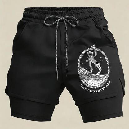 Men’s Captain Surf Gym Shorts – 2 in 1 Compression Running Shorts Funny Beach Athletic Sportswear