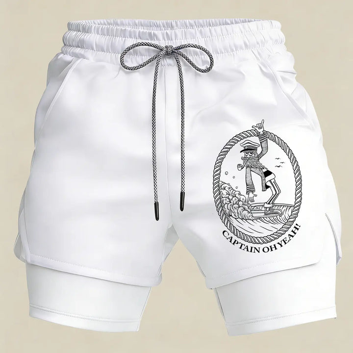 Men’s Captain Surf Gym Shorts – 2 in 1 Compression Running Shorts Funny Beach Athletic Sportswear