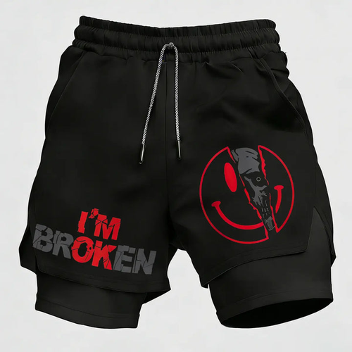 Men’s I’m Broken Gym Shorts – 2 in 1 Compression Running Shorts Gothic Athletic Streetwear