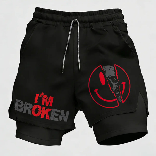 Men’s I’m Broken Gym Shorts – 2 in 1 Compression Running Shorts Gothic Athletic Streetwear