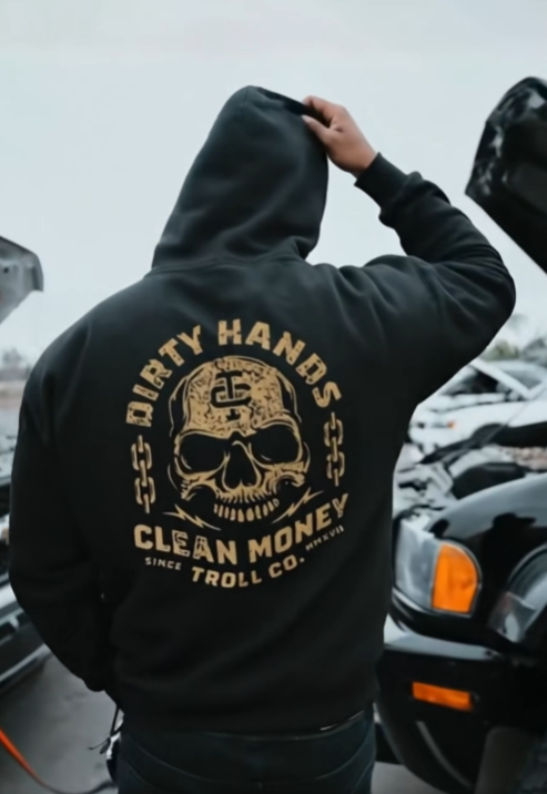 Dirty Hands Clean Money Skull Hoodie – Graphic Workwear Streetwear Pullover