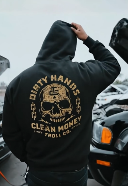 Dirty Hands Clean Money Skull Hoodie – Graphic Workwear Streetwear Pullover