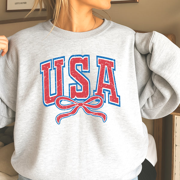 USA Vintage Bow Sweatshirt – Patriotic Oversized Crewneck Pullover for Women Casual American Style