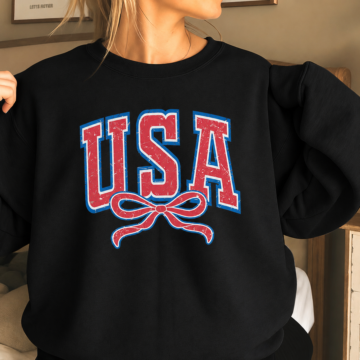 USA Vintage Bow Sweatshirt – Patriotic Oversized Crewneck Pullover for Women Casual American Style