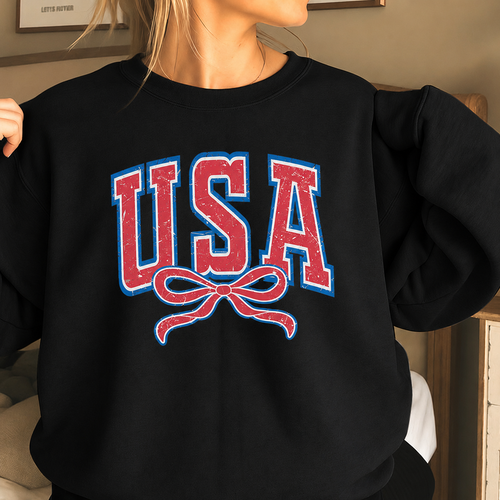 USA Vintage Bow Sweatshirt – Patriotic Oversized Crewneck Pullover for Women Casual American Style