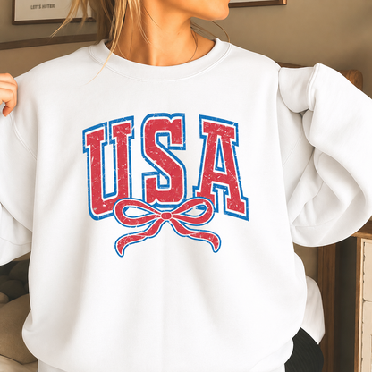 USA Vintage Bow Sweatshirt – Patriotic Oversized Crewneck Pullover for Women Casual American Style