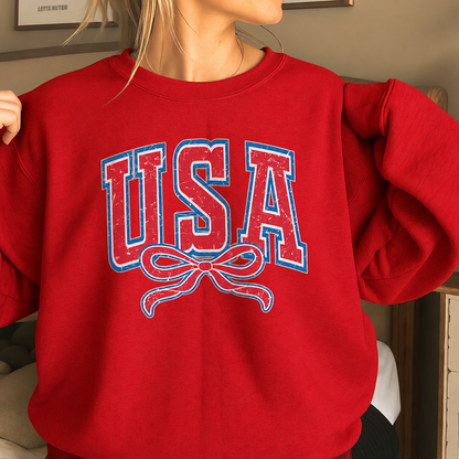 USA Vintage Bow Sweatshirt – Patriotic Oversized Crewneck Pullover for Women Casual American Style