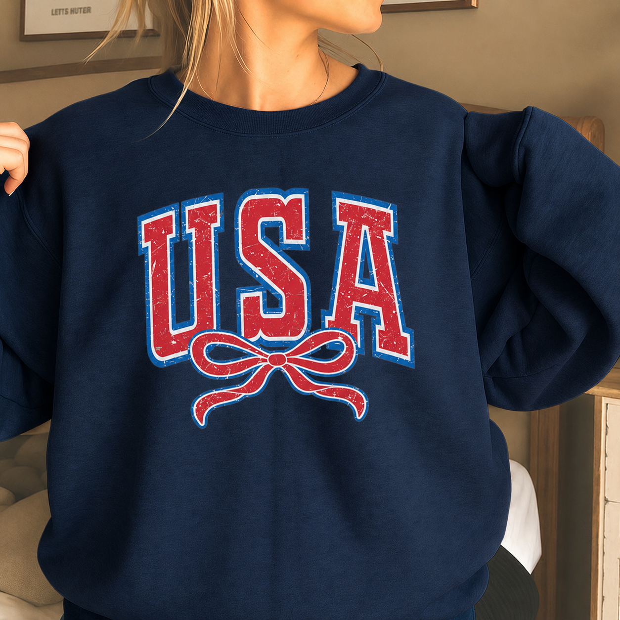 USA Vintage Bow Sweatshirt – Patriotic Oversized Crewneck Pullover for Women Casual American Style