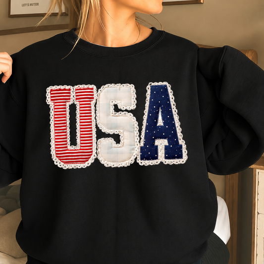 USA Patchwork Sweatshirt – Patriotic Oversized Crewneck Pullover for Women Vintage American Style