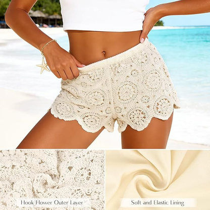 Women's Crochet Shorts, Bohemian Hollow-Out Knit Shorts with Flared Leg & Built-in Lining, Elastic Wasit Soft Cotton Yarn Summer Beachwear for Vacation & Casual Wear-L/70-80kg