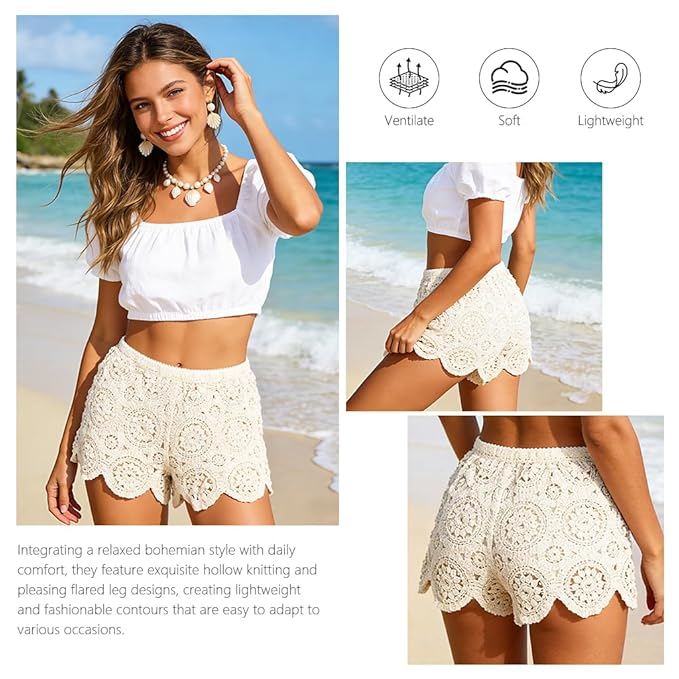 Women's Crochet Shorts, Bohemian Hollow-Out Knit Shorts with Flared Leg & Built-in Lining, Elastic Wasit Soft Cotton Yarn Summer Beachwear for Vacation & Casual Wear-L/70-80kg