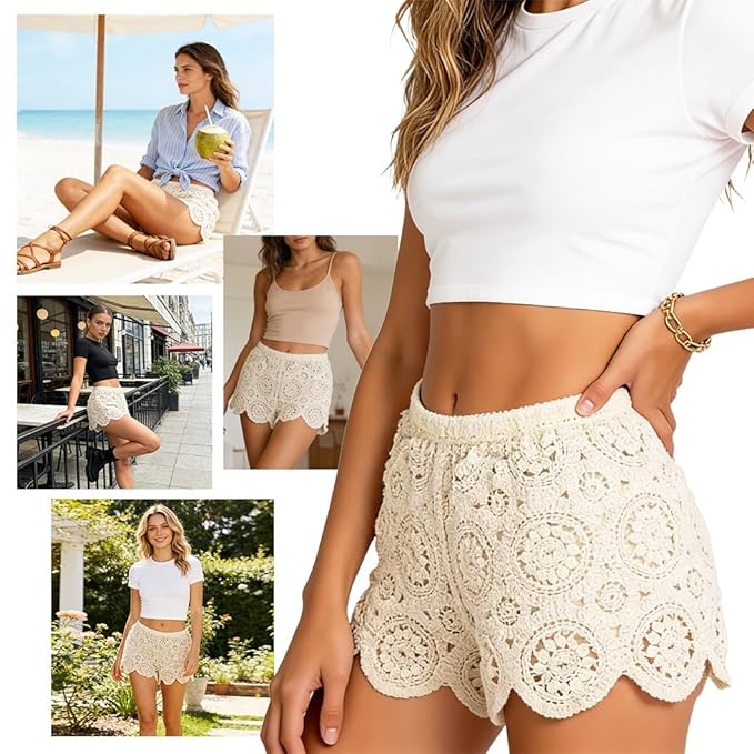 Women's Crochet Shorts, Bohemian Hollow-Out Knit Shorts with Flared Leg & Built-in Lining, Elastic Wasit Soft Cotton Yarn Summer Beachwear for Vacation & Casual Wear-L/70-80kg