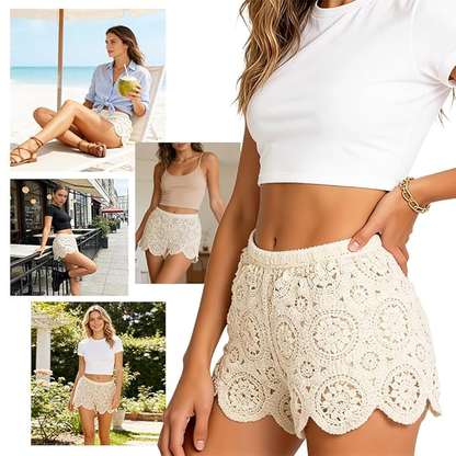 Women's Crochet Shorts, Bohemian Hollow-Out Knit Shorts with Flared Leg & Built-in Lining, Elastic Wasit Soft Cotton Yarn Summer Beachwear for Vacation & Casual Wear-L/70-80kg